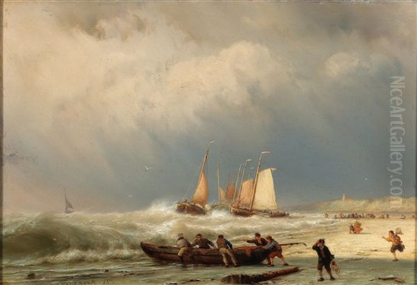 Fishermen On The Beach With An Approaching Storm Oil Painting by Johannes Hermanus Barend Koekkoek