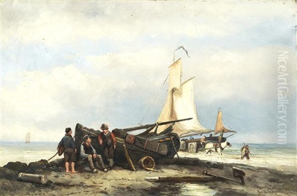 Fisherfolk On The Shore Oil Painting by Johannes Hermanus Barend Koekkoek