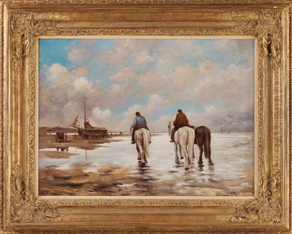 Fisherfolk On The Shore Oil Painting by Johannes Hermanus Barend Koekkoek