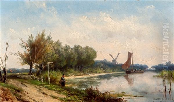 Landschap Met Visser Aan Een Vaart Oil Painting by Johannes Hermanus Barend Koekkoek