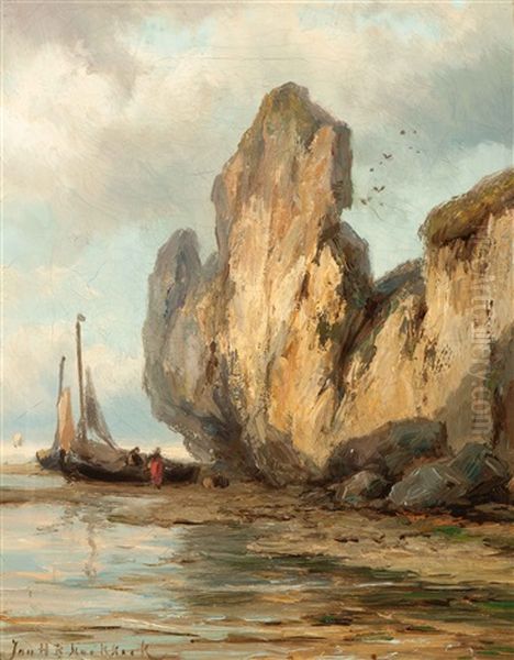 Fishing Boat On An English Beach With Rock Face Oil Painting by Johannes Hermanus Barend Koekkoek