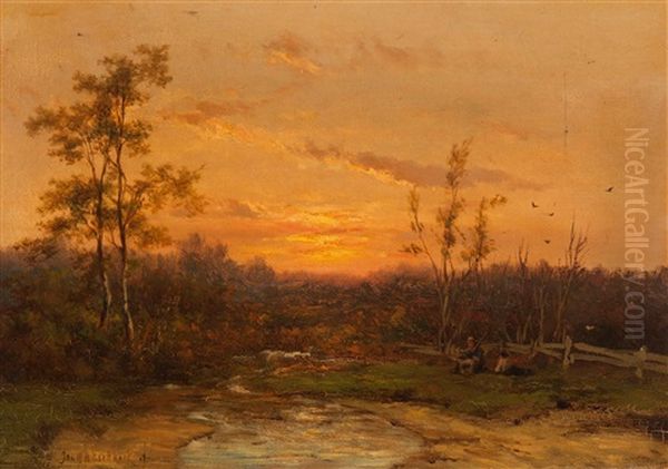 Resting Hunters At Dusk Oil Painting by Johannes Hermanus Barend Koekkoek