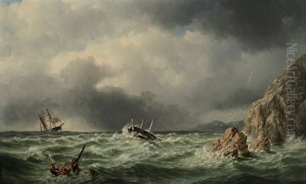 Schiffbruch An Felsiger Kuste Oil Painting by Johannes Hermanus Barend Koekkoek