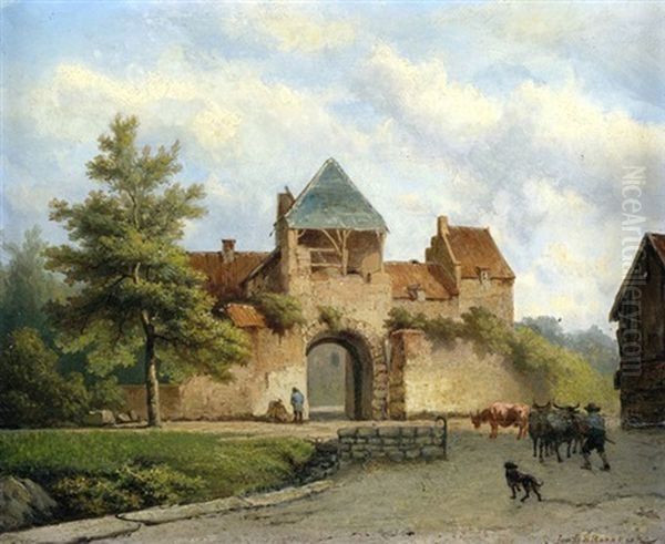 Viehtrieb Am Eingang Zum Gehoft Oil Painting by Johannes Hermanus Barend Koekkoek