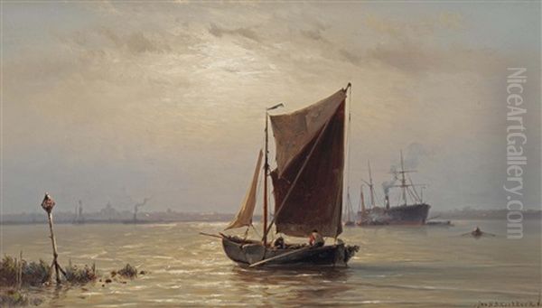 Shipping In An Estuary Oil Painting by Johannes Hermanus Barend Koekkoek