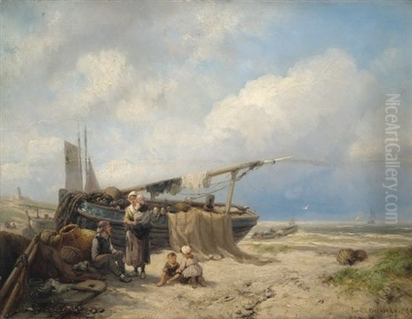 Fischerfamilie Am Strand Oil Painting by Johannes Hermanus Barend Koekkoek