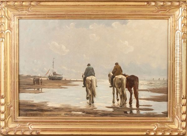 Horses On Beach Oil Painting by Johannes Hermanus Barend Koekkoek