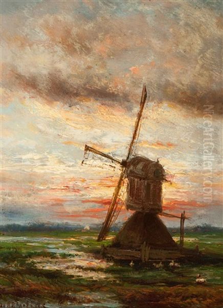 Mill At Sunset Oil Painting by Johannes Hermanus Barend Koekkoek