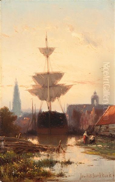 Moored Ships Near Amsterdam Oil Painting by Johannes Hermanus Barend Koekkoek