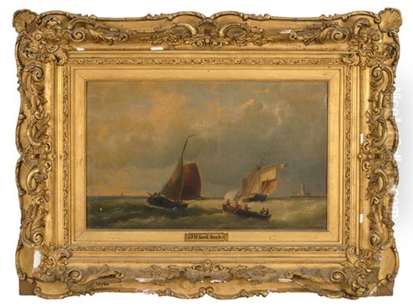 Five Men In A Rowing Dory Approaching A Fishing Vessel. Larger Two-masted French Ship Sailing To Windward. Lighthouse In Distant Right Oil Painting by Johannes Hermanus Barend Koekkoek