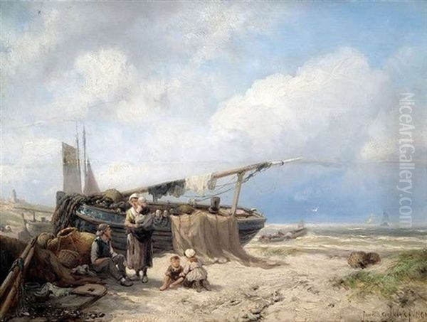 Fischerfamilie Am Strand Oil Painting by Johannes Hermanus Barend Koekkoek