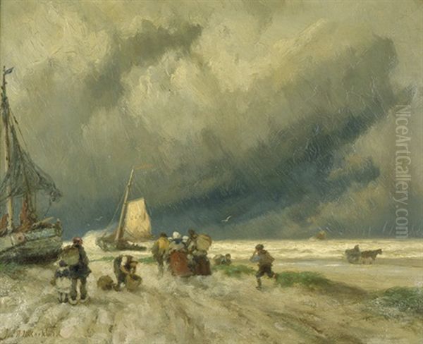 Fischer Am Strand Bei Sturmischem Wetter Oil Painting by Johannes Hermanus Barend Koekkoek