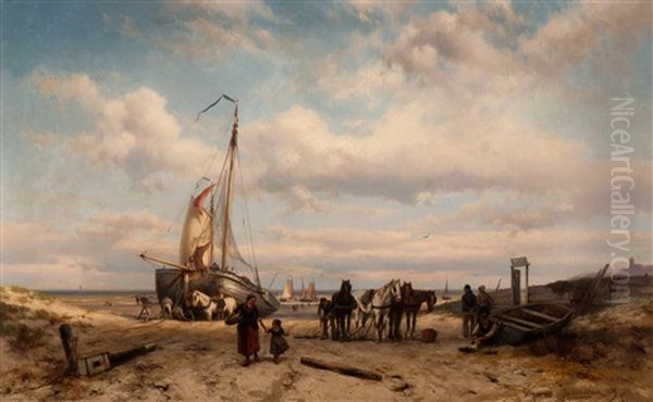 Beach Scene Oil Painting by Johannes Hermanus Barend Koekkoek