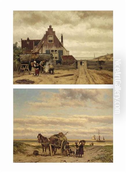 Children Watching A Shellfisher In The Dunes; Children Watching Two Fishermen At Work By A House (pair) Oil Painting by Johannes Hermanus Barend Koekkoek