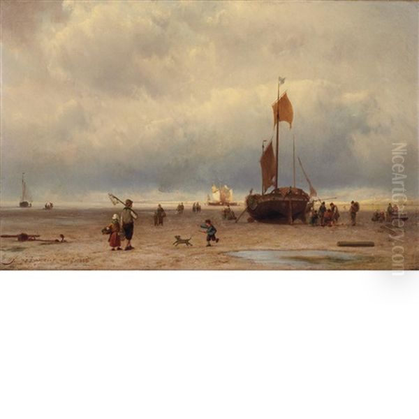 View Of A Beach At Low Tide Oil Painting by Johannes Hermanus Barend Koekkoek