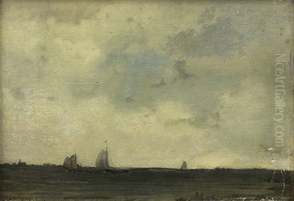 Ships Amongst Stormy Skies Oil Painting by Johannes Hermanus Barend Koekkoek