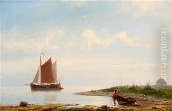 Unloading The Anchored Ship Oil Painting by Johannes Hermanus Barend Koekkoek