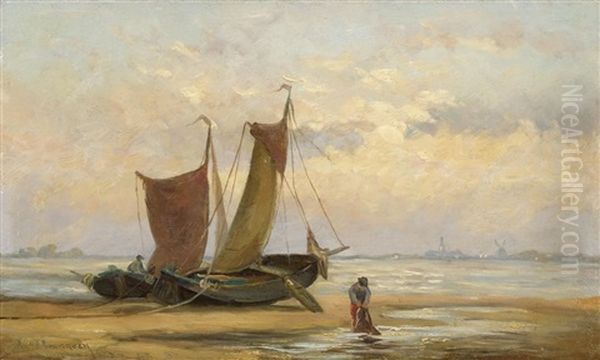 Aufliegende Fischerboote Am Strand Oil Painting by Johannes Hermanus Barend Koekkoek