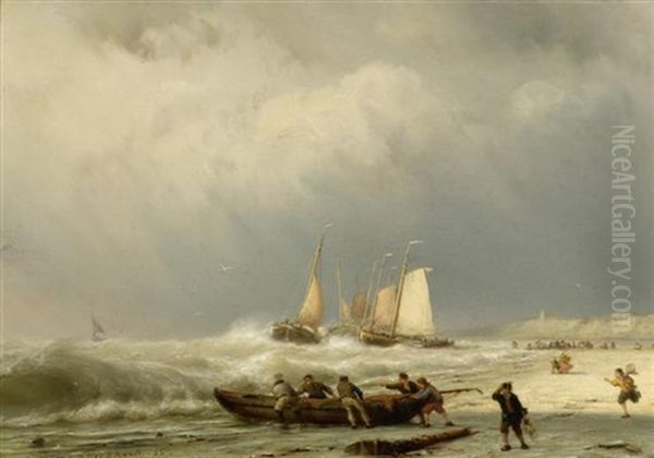 Fischer Mit Booten Am Strand Bei Sturmischem Meer Oil Painting by Johannes Hermanus Barend Koekkoek