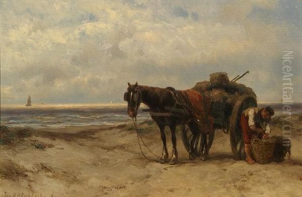 Shell Fisher On The Beach Oil Painting by Johannes Hermanus Barend Koekkoek