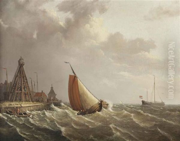 Ships In Stormy Weather Near The Coast Oil Painting by Johannes Hermanus Barend Koekkoek