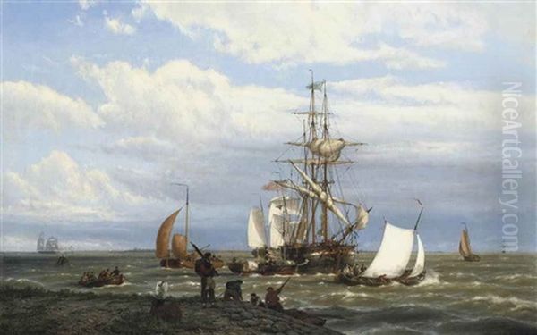 A Busy Estuary Oil Painting by Johannes Hermanus Barend Koekkoek