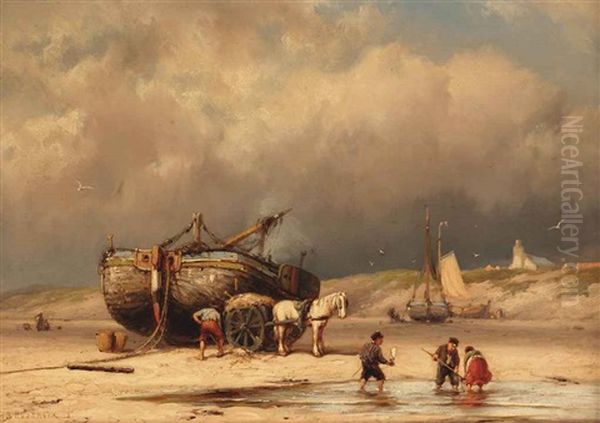 A Bomschuit On The Beach Oil Painting by Johannes Hermanus Barend Koekkoek