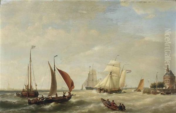 Sailing Ships Near The Shore Of Enkhuizen Oil Painting by Johannes Hermanus Barend Koekkoek