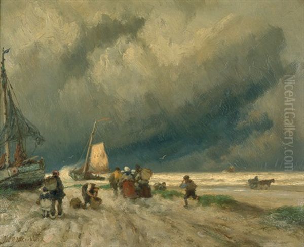 Fischer Am Strand Bei Sturmischem Wetter Oil Painting by Johannes Hermanus Barend Koekkoek