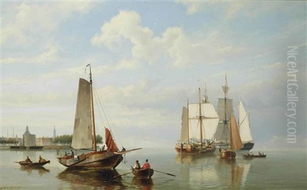 Ships On The Zuiderzee With A View Of Enkhuizen With The Drommedaris And The Zuiderkerk Oil Painting by Johannes Hermanus Barend Koekkoek