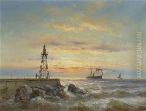 The Pier Of Ijmuiden At Sunset Oil Painting by Johannes Hermanus Barend Koekkoek