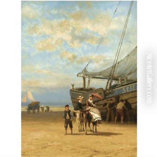 Donkey Riding On The Beach, Scheveningen Oil Painting by Johannes Hermanus Barend Koekkoek