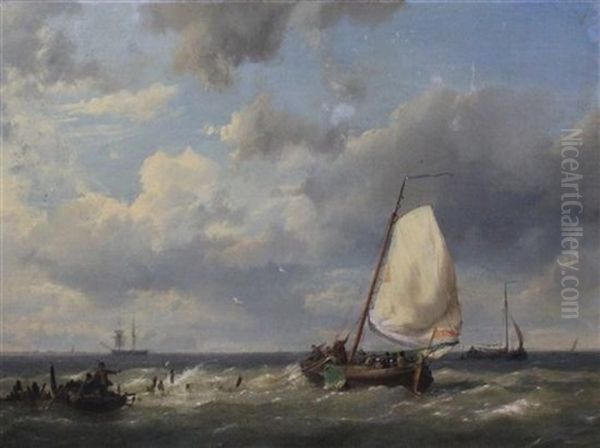 Fishing Boat And Other Vessels Off The Coast Oil Painting by Johannes Hermanus Barend Koekkoek