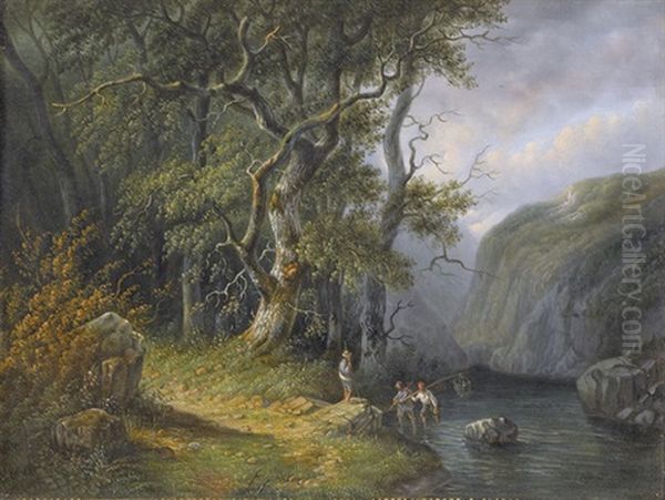 Gebirgige Flussuferpartie Mit Fischern Oil Painting by Johannes Hermanus Barend Koekkoek