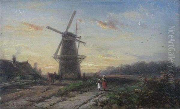 Landscape With Windmill Oil Painting by Johannes Hermanus Barend Koekkoek