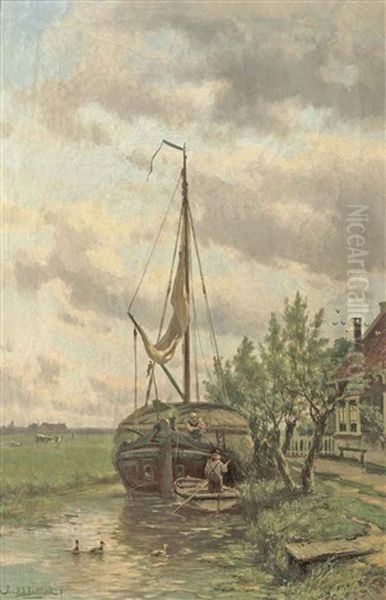 A Moored Hay Vessel Oil Painting by Johannes Hermanus Barend Koekkoek