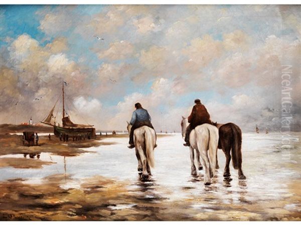 Zwei Reiter Mit Begleitpferd Im Wattenmeer Vor An Land Gezogenem Segelschiff Oil Painting by Johannes Hermanus Barend Koekkoek