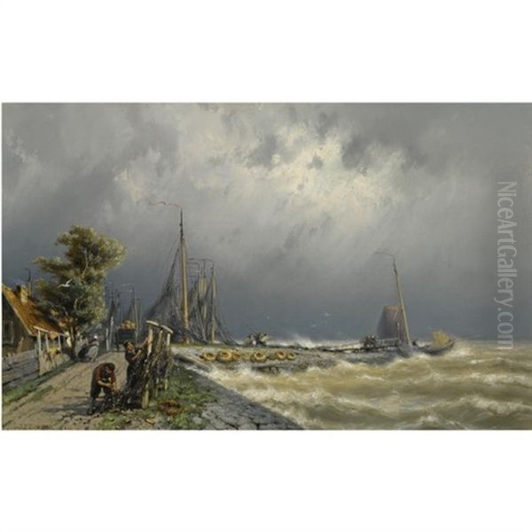 Entering Volendam Harbour Oil Painting by Johannes Hermanus Barend Koekkoek