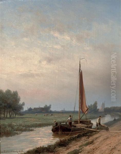 Unloading A Barge On The Gooische Vaart, Hilversum Oil Painting by Johannes Hermanus Barend Koekkoek