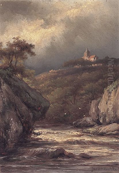 Flusslandschaft Mit Kleinem Katarakt Und Kirche Auf Gegenuberliegendem Hugel Oil Painting by Johannes Hermanus Barend Koekkoek