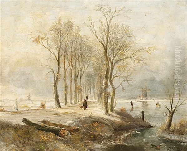 Hollandische Winterlandschaft Mit Figurenstaffage Oil Painting by Johannes Hermanus Barend Koekkoek