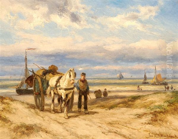 Fisherman With Horse And Wagon On A Dune Path And Sailing Boats Offshore by Johannes Hermanus Barend Koekkoek