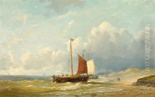 A View Of A Coast With Two Sailboats Oil Painting by Johannes Hermanus Barend Koekkoek