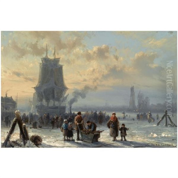 Many Figures Skating On The Ice, Boats In The Background Oil Painting by Johannes Hermanus Barend Koekkoek