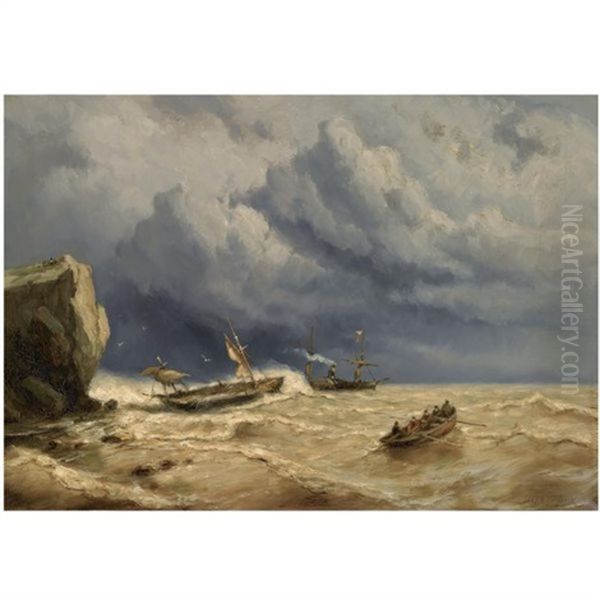 A Shipwreck In Stormy Weather Oil Painting by Johannes Hermanus Barend Koekkoek