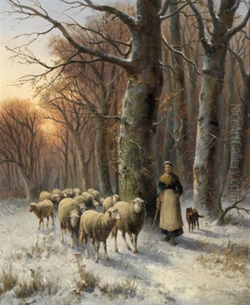 Hirtin Mit Ihrer Schafherde Am Heimweg Oil Painting by Johannes Hermanus Barend Koekkoek