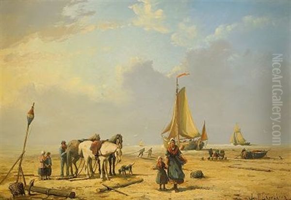 Strandbild Med Figurer Oil Painting by Johannes Hermanus Barend Koekkoek