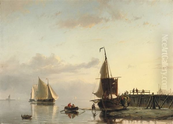 A Jetty At Low Tide Oil Painting by Johannes Hermanus Barend Koekkoek