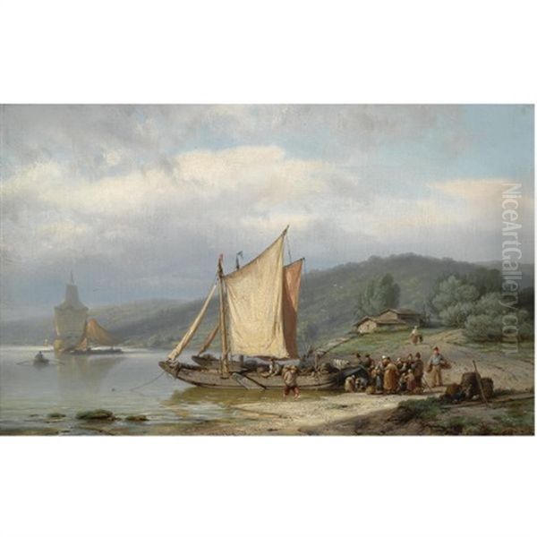 Unloading The Barge Oil Painting by Johannes Hermanus Barend Koekkoek