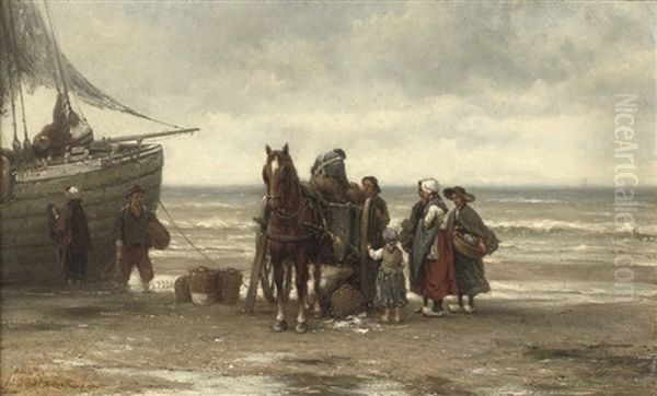 Unloading The Catch Oil Painting by Johannes Hermanus Barend Koekkoek